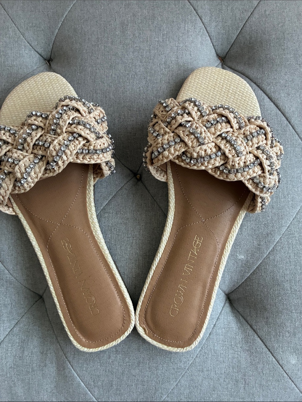 Crown Vintage Braided Beaded Slide Sandals - Beige/Tan